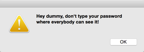 Panel reminding me not to type my password in plain text fields.