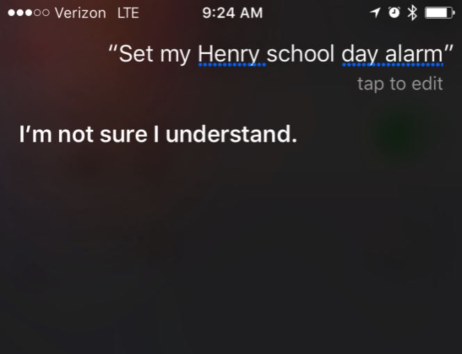 Image of Siri interface with request to set an alarm not understood.