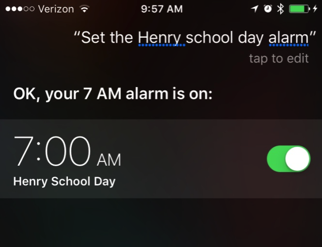Image of Siri interface accepting request to set an alarm by label name.