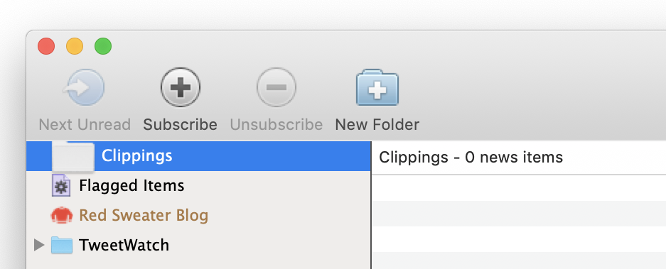 Screenshot of NetNewsWire showing blurry icons and a missized Clippings folder icon.
