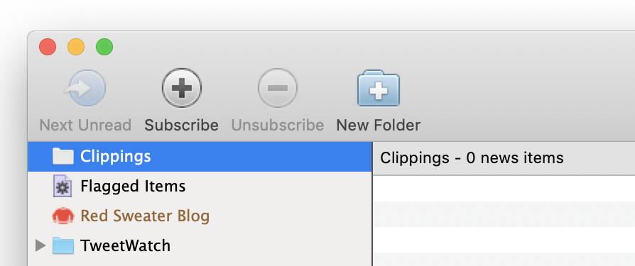 Screenshot of the NetNewsWire window with Clippings folder icon restored to normal size